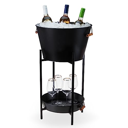 Twine Black Beverage Tub with Collapsible Stand, Large Metal Bucket and Tray, Ice Drink Buckets with Acacia Wood Handles f...