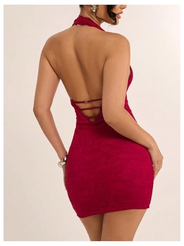 SweatyRocks Women's Sexy Deep V Neck Lace Halter Mini Dress Open Back Bodycon Club Dresses Rave Outfits