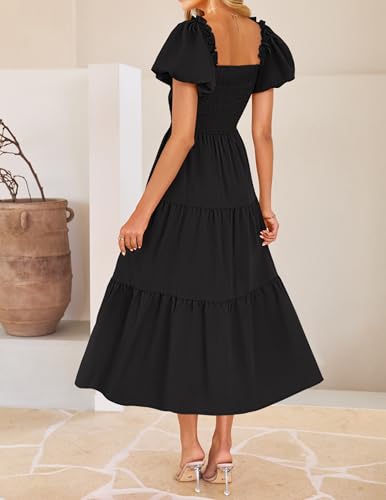 ZESICA Womens Summer Casual Flowy Vacation Maxi Dress 2026 Short Puff Sleeve A Line Smocked Cutout Beach Party Dresses