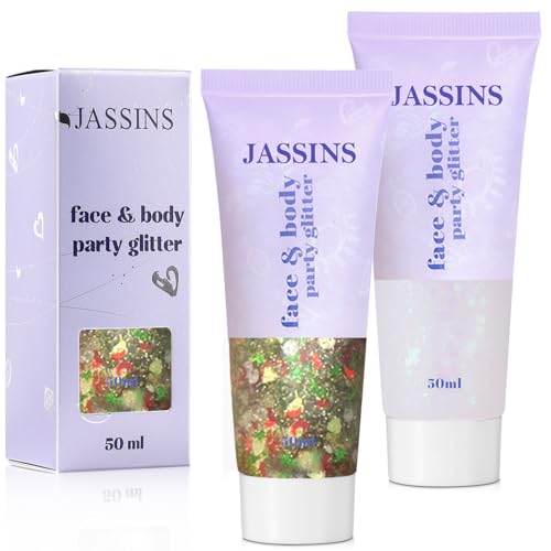 JASSINS 2PCS Body Glitter, 100ml Christmas Face Glitter for Women Girls Kids, Glitter Gel Makeup Tween Gifts, Singer Conce...