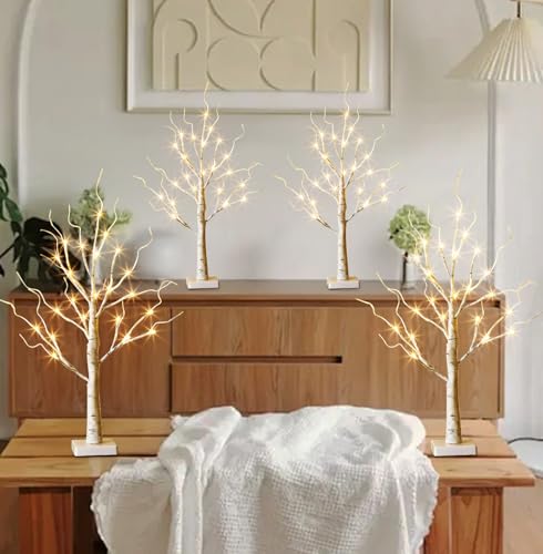 EAMBRITE Home Decorations Light Up White Birch Tree Indoor Christmas Decor, 4 Pack Battery Operated/USB Lighted Tabletop M...