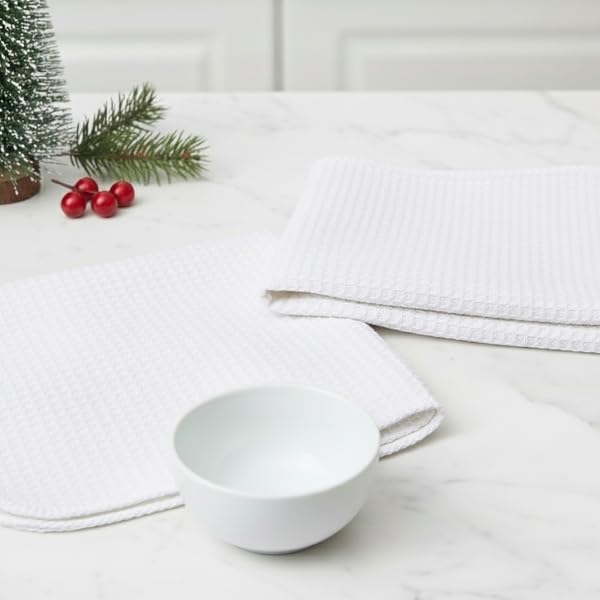 PurpleEssences Dish Cloths and Dish Rags - 8 Pack Waffle Weave Solid Kitchen Dish Wash Cloths, 100% Cotton, 12 x 12 Inches, Ultra Soft Absorbent Quick Drying - Christmas Holiday Winter - White