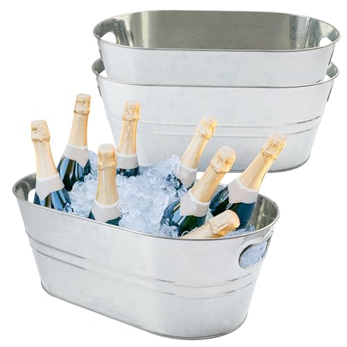 Biugaaufai 3 PCS 15.3 x 9 x 6 inches Silver Metal Galvanized Tub with Handles, 3 Gallon Galvanized Beverage Tubs for Parti...