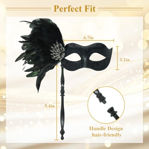 LCKRVOL Masquerade Mask for Women with Stick, Shiny Women's Feather Mardi Gras Venetian Mask for Prom Ball Costume Party