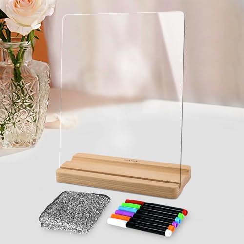 Clear Acrylic Dry Erase Board with Wood Stand – 9x12 Desktop Whiteboard for Writing, Drawing & Planning – Includes 6 Liqui...