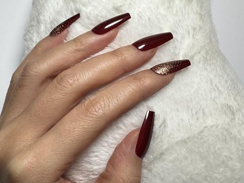 LOONGIN 24Pcs Long Press On Nails Bold Red and Gold Gradient Fake Nails Full Cover Reusable Nail Sticked on Nails Jelly Gl...