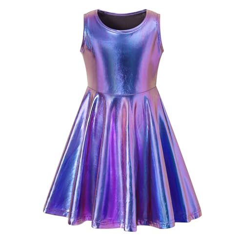 Shekavarld Girls Metallic Dress Kids Sparkly Shiny Dresses Twirl Swing Dresses