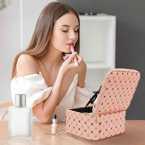 Travel Makeup Bag With 360¡Æ rotating LED Mirror,Waterproof cosmetic organizer,Portability Cosmetic case,Makeup organizer,Gift for Women,Girls Gift (Pink)