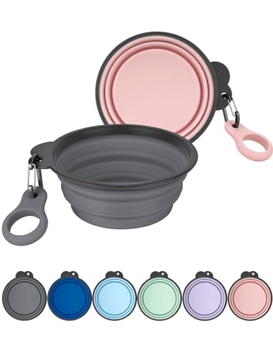 Aonkey Collapsible Dog Bowls with Bottle Carrier, 2 Pack Travel Dog Water Bowl Upgraded Carabiner, One-Piece Molded Rim No...