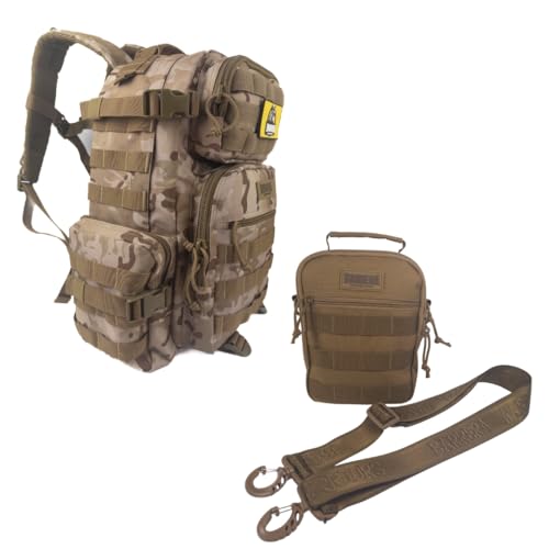 BARRERA warriors Tactical Backpack 25l & Sling Bag Set – Military Camo Backpack + Brown MOLLE Sling Bag, Crossbody bag- Te...