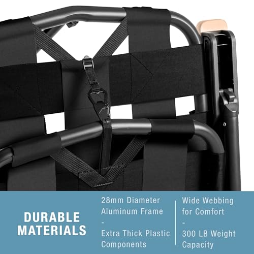 CleverMade Kove Midnight Black Beach Camping Chair, Hands Free Carrying Strap + Real Wood Handles & 2 Cup Holders, Foldabl...