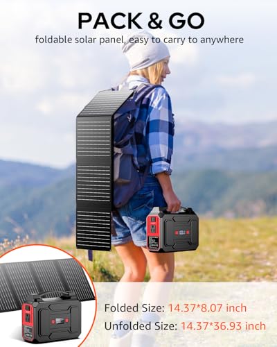Solar Powered Generator 200W Peak/100W Rated, Portable Generator Power Station with Solar Panels 40W Included, 146Wh Solar...