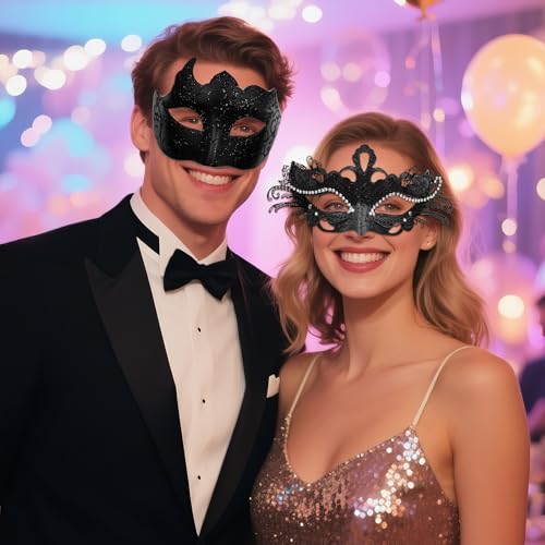 OIDEA Masquerade Mask Couples Set: Rhinestones Metal Cosplay Venetian Party Mask Halloween Costume Mardi Gras