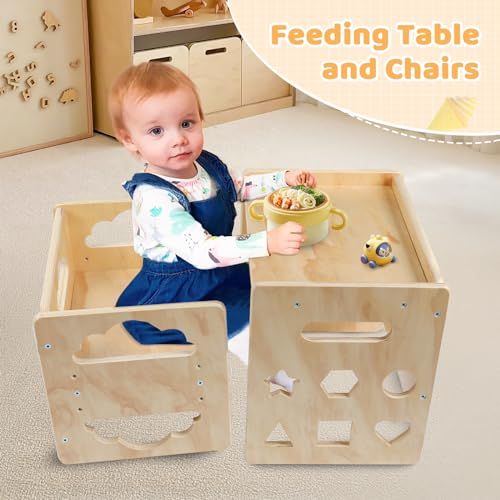 Satisure Montessori Weaning Table and Chair Set, Wooden Toddler Table and Chair Set, 1-3 Age Kids Table and Chairs with Bl...