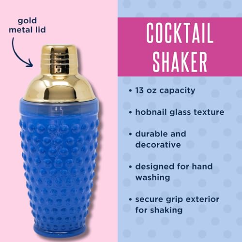 Lilly Pulitzer Hobnail Glass Cocktail Shaker with Gold Lid, Cute Bar Accessories, Drink Shaker for Home Bar Set, Blue Stre...