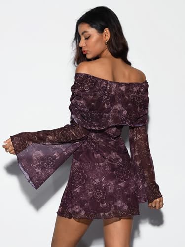 Verdusa Women's 70s Vintage Floral Off The Shoulder Dress Foldover Long Sleeve Bodycon Mini Dress
