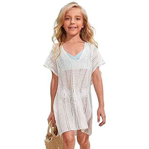 SOLY HUX Girl's V Neck Crochet Short Sleeve Beach Dress Summer Swimsuit Bikini Cover Up