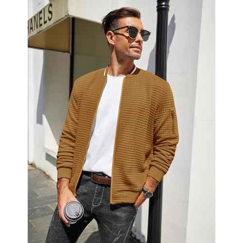 COOFANDY Mens Zip Up Sweater Jacket Waffle Sweatshirt Knit Bomber Lightweight Casual Jackets