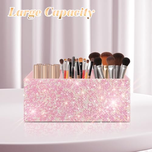 Bling Makeup Brush Holder Organizer, 3 Slot Sparkle Cosmetics Brushes Storage Holders with Shiny Rhinestones, Glitter Cute...
