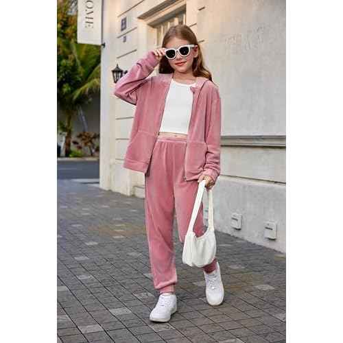 Arshiner 2 Piece Outfits for Girls Velour Tracksuit Hoodie and Jogger Set Sweatsuit Athletic Clothes Sets