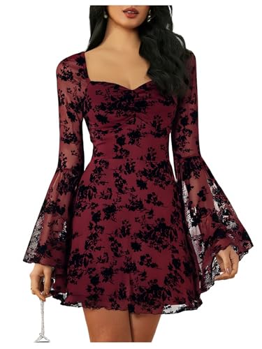 WDIRARA Women's Floral Jacquard Mesh Gothic Dress Bell Long Sleeve A Line Vintage Dresses