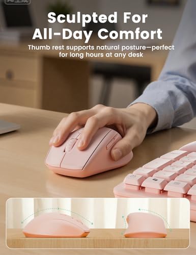 Pink Quiet Wireless Keyboard and Mouse Combo, 2.4G Ergonomic Wave Key Board with Cushioned Plam Rest, Full-Size Soft Typin...