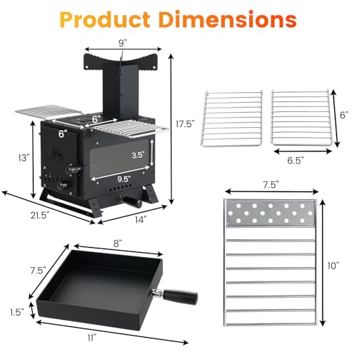 Giantex Portable Wood Burning Stove, Hot Tent Stove with 3 Cooking Positions, Anti-scalding Door Handle, Glass Window & 2 ...