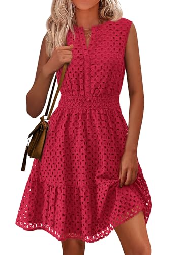 PRETTYGARDEN Women's Summer Dresses 2026 Sleeveless V Neck Eyelet Hollow Out Swing A Line Beach Vacation Sun Dress
