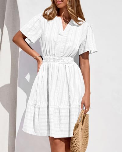 BTFBM Womens Spring 2026 Casual Mini Dresses Lightweight Short Sleeve V Neck Elastic Waist Cute Boho Beach Dress Pockets
