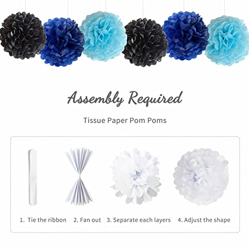 ANSOMO Blue and Black Happy Birthday Party Decorations for Boys Men Banner Balloons Navy Royal Light Blue Pom Poms Foil Cu...