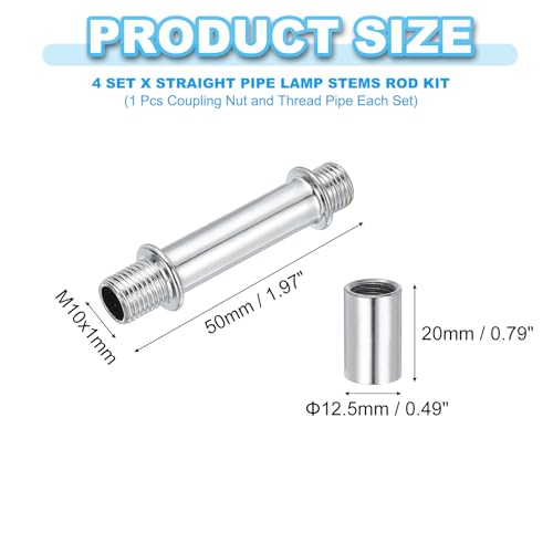 Straight Pipe Lamp Stems Rod Kit, 4Set M10 Carbon Steel 50mm(1.97") Long Double End Thread Rod with Coupling Nut Sleeve Co...