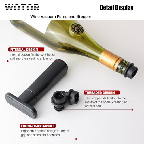 WOTOR Wine Saver Vacuum Pump with 4 Stoppers, Wine Stopper & Preserver, Reusable Bottle Sealer Keeps Fresh, Ideal Accessor...