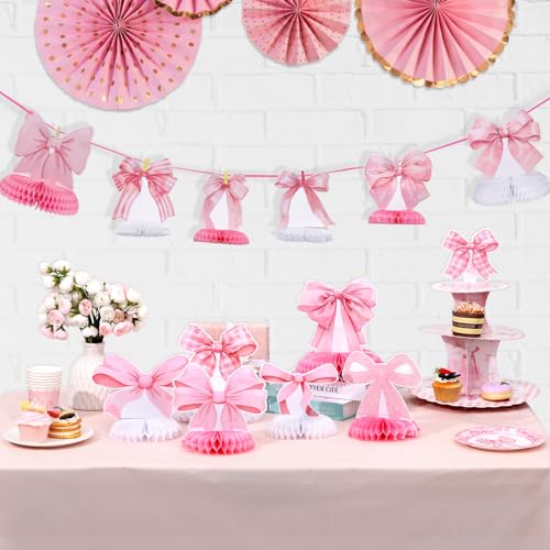 12 Pcs Pink Bow Party Honeycomb Centerpieces Pink Bow Table Centerpieces Coquette Theme Birthday Decorations Bow Party Dec...