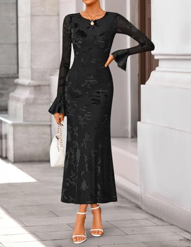 ZESICA Women's 2026 Bell Long Sleeve Floral Maxi Dress Spring Fashion Bodycon Mesh Wedding Guest Cocktail Party Dresses