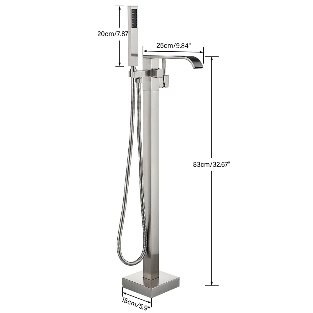 Freestanding Bathtub Faucet Brushed Nickel Tub Filler Floor Mount Single Handle Brass Tap with Handheld Shower and Swivel Mixer Spout
