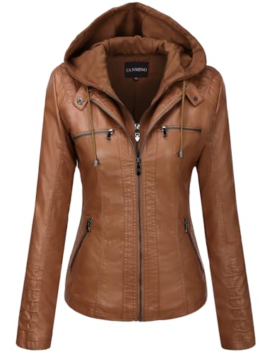 Tanming Womens Faux Leather Jacket Hooded Moto Biker Coat Outerwear Fall Fashion Outfits Winter Clothes