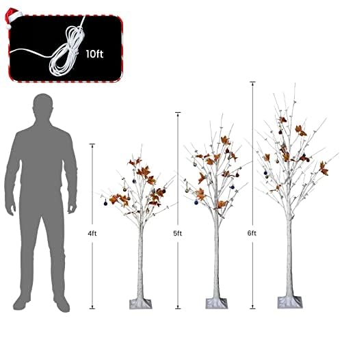 Set of 3 Birch Tree with LED Lights, 4FT 5FT 6FT Prelit Christmas Tree, Lighted White Artificial Tree for Indoor Outdoor, Thanksgiving Christmas Seasonal Holiday Decoration