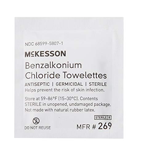 McKesson Benzalkonium Chloride Towelettes [Pack of 100] First Aid Antiseptic Wipes, Sterile Individual Wrapped