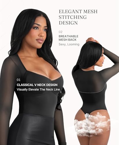 FeelinGirl Long Sleeve Bodysuit for Women Sexy Mesh V Neck Body Suits Thong Corset Top Going Out Outfits for Party