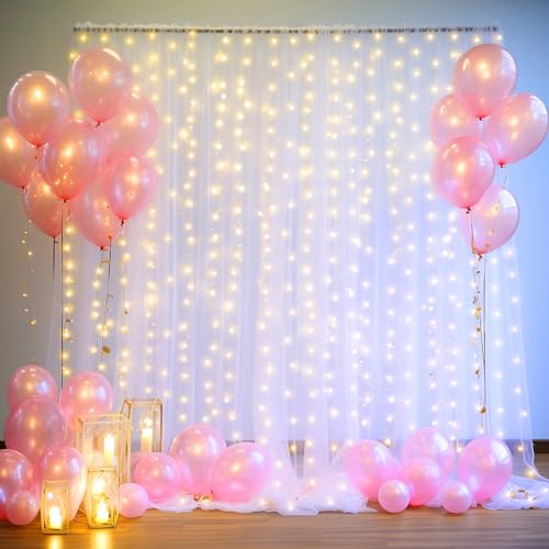 10ft x 10ft White Sheer Tulle Backdrop Curtains with Lights String for Party Wedding Wrinkle Free Curtain Backdrops Drapes...