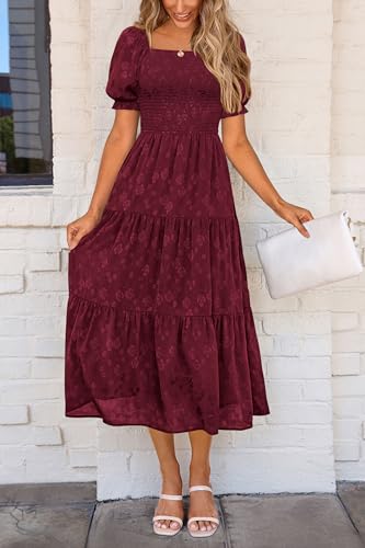 PRETTYGARDEN Women's 2026 Summer Casual Midi Dresses Square Neck Short Sleeve Smocked A Line Floral Flowy Elegant Boho Dress