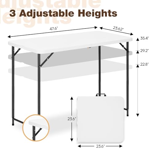 4ft Folding Table with Adjustable Height, 3-Level Foldable Table with HDPE Top & Steel Legs, Portable 4 Foot Folding Table...