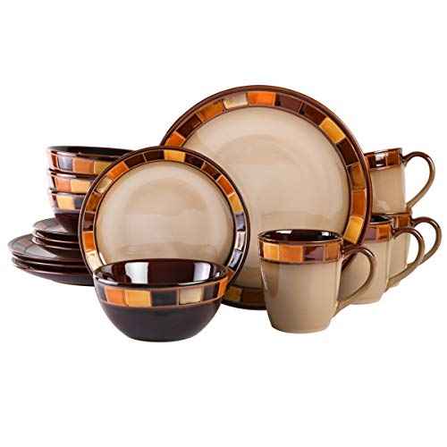 Gibson Casa Estebana 16-Piece Dinnerware Set, Service for 4 ? Beige and Brown Stoneware Plates and Bowls