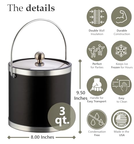 Kraftware Sophisticates Brushed Chrome Ice Bucket with Bale Handle and Metal Cover, Black - 3 Quart