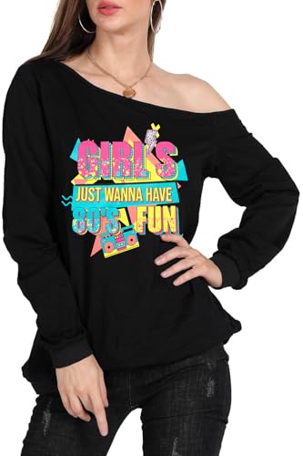 QLIPIN 80s 90s Outfits for Women 80's Theme Party Long Sleeve Shirt 90s Off the Shoulder Sweatshirt Retro Neon Disco Pullover