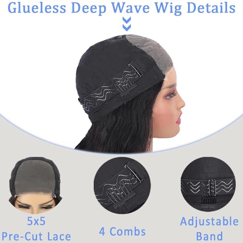 Glueless Wigs Human Hair Pre Cut 5x5 Lace Closure Deep Wave Wig 180% Density Wear and Go Human Hair Curly Wigs for Black Women Natural Black Color Small Head Friendly 26Inch