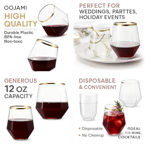 Oojami 40 count Diamond Unbreakable Stemless Plastic Wine Champagne Whiskey Glasses Elegant Durable Disposable Indoor Outd...