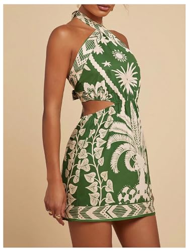 MakeMeChic Women's Boho Mini Dress Summer Beach Vacation Halter Dresses Floral Sundress