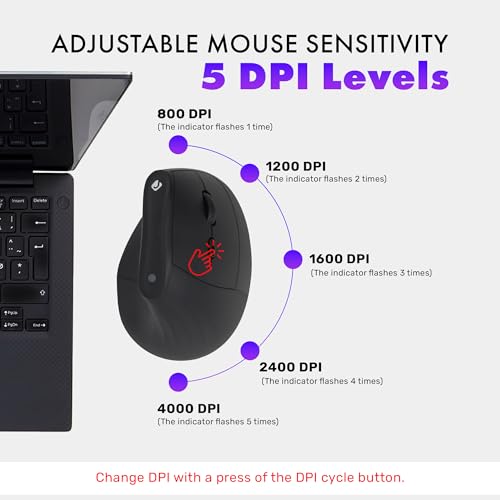 J-Tech Digital Wireless Mouse, Vertical Ergonomic Mouse with 2.4G Wireless & Bluetooth for 3 Multi-Device Function, Adjust...