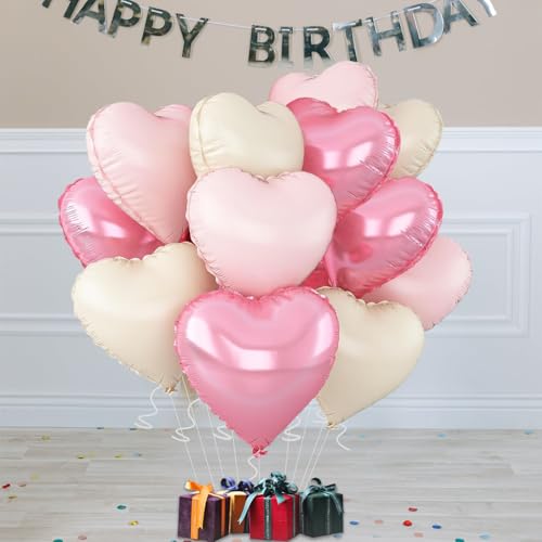 Wuhetyo Pink Heart Balloons,18inch Bright Pink Heart Shaped Foil Balloons & Pastel White Helium Mylar Balloon for Annivers...